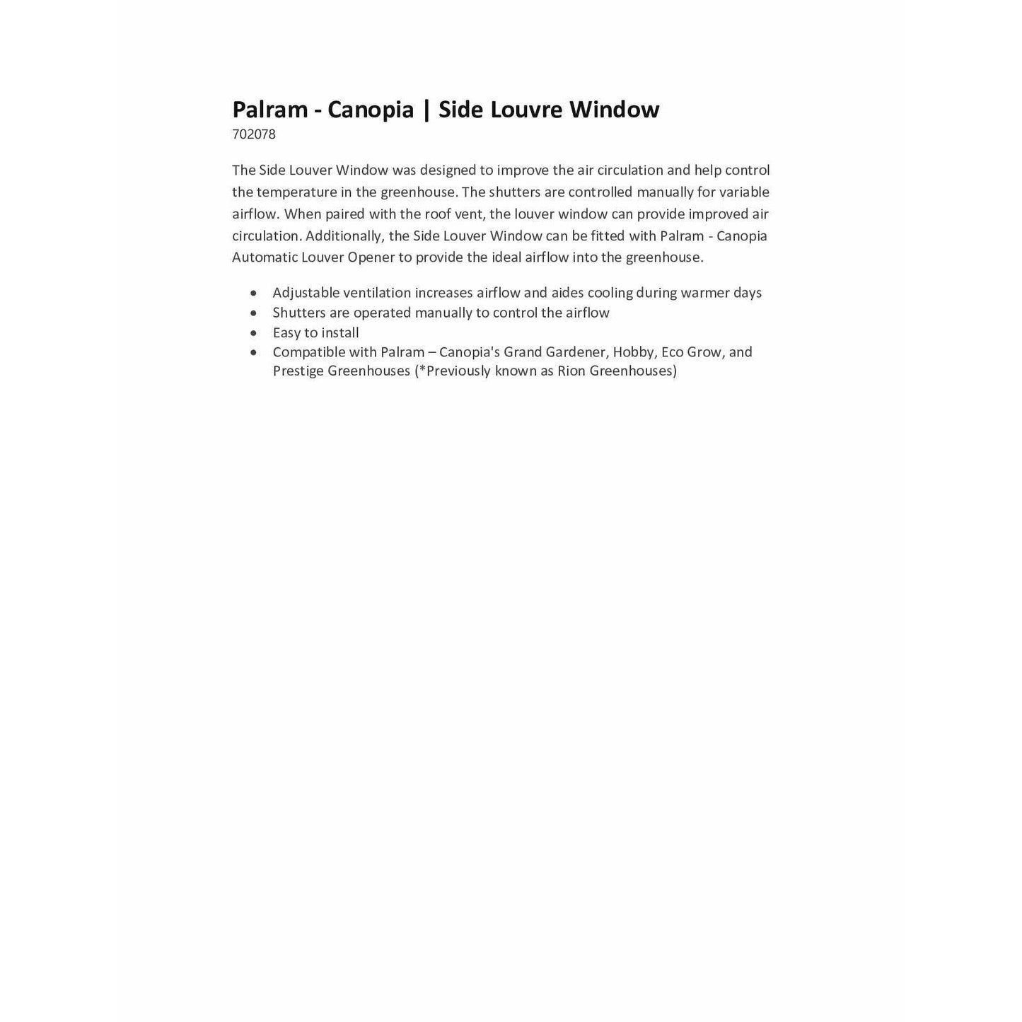 Palram - Canopia Side Louver Window for Prestige, Grand/Hobby Gardener and EcoGrow Greenhouses