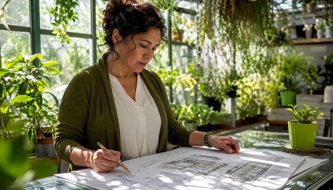 Woman planning greenhouse budget at table