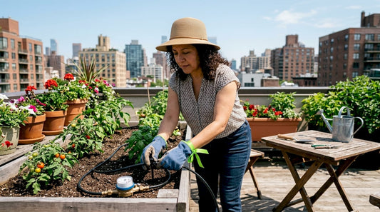 Woman inspecting greenhouse drip irrigation tubing