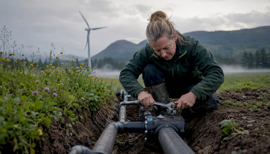Person inspecting geothermal piping near greenhouse